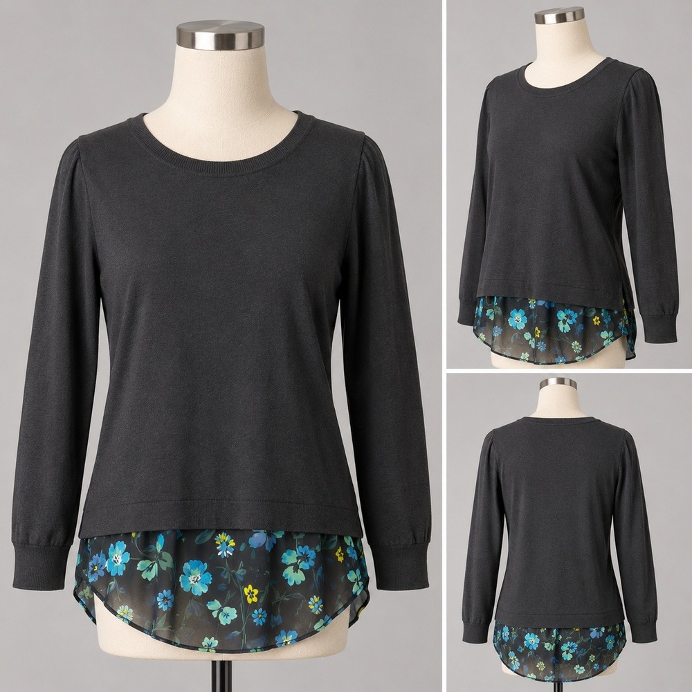 LOFT Womens Sweater Black Floral Mixed Media Ruffle Back Medium